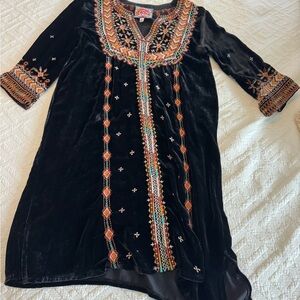 Johnny Was Velvet Black Dress with Colorful Embroidery